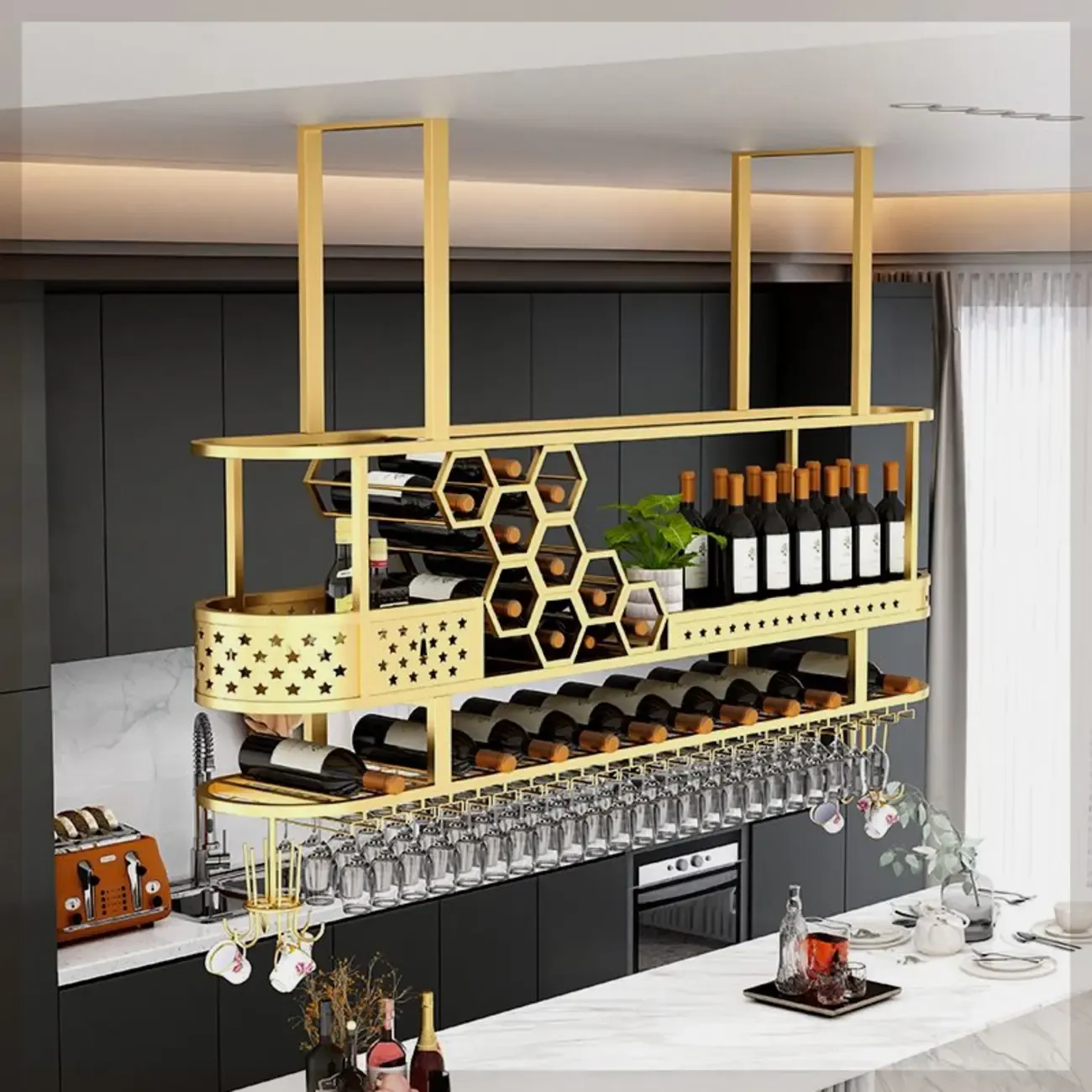 Metal Hanging Wine Rack with Glass Holder in Modern Glam Image - 4
