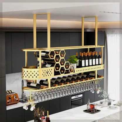 Metal Hanging Wine Rack with Glass Holder in Modern Glam Image - 4