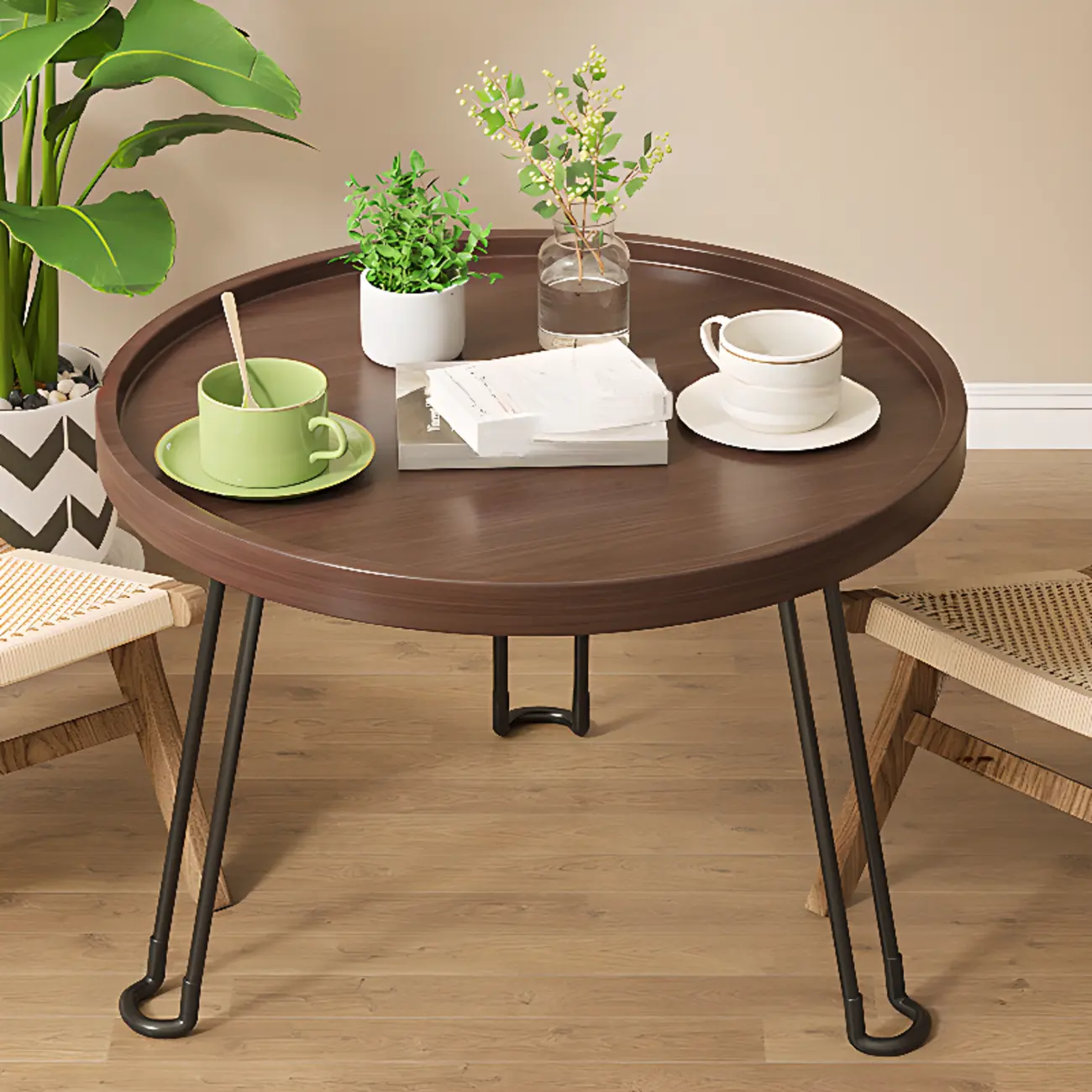 Round Natural Wood Tray Top End Table for Living Room Image - 12 | homeyfad