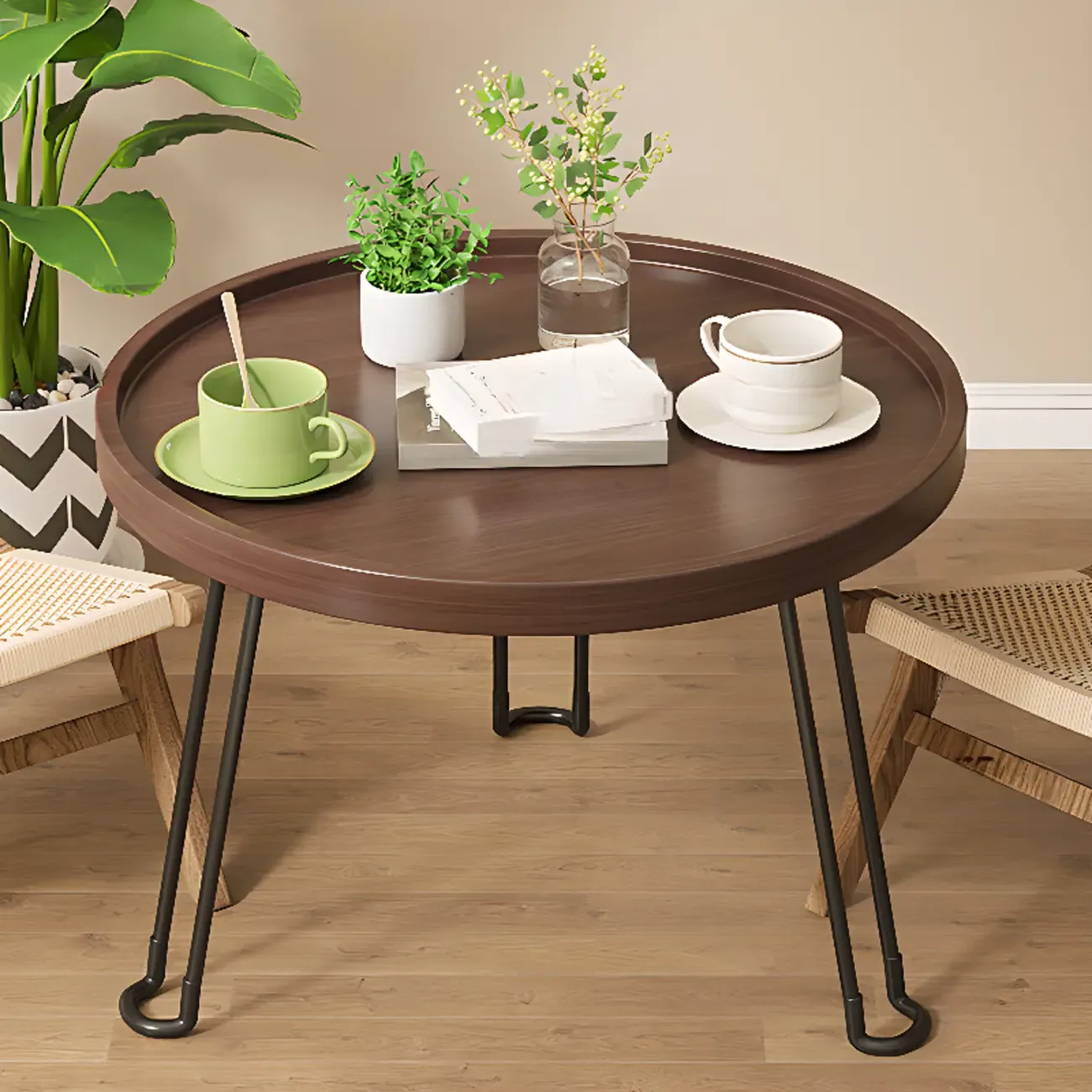 Round Natural Wood Tray Top End Table for Living Room Image - 12