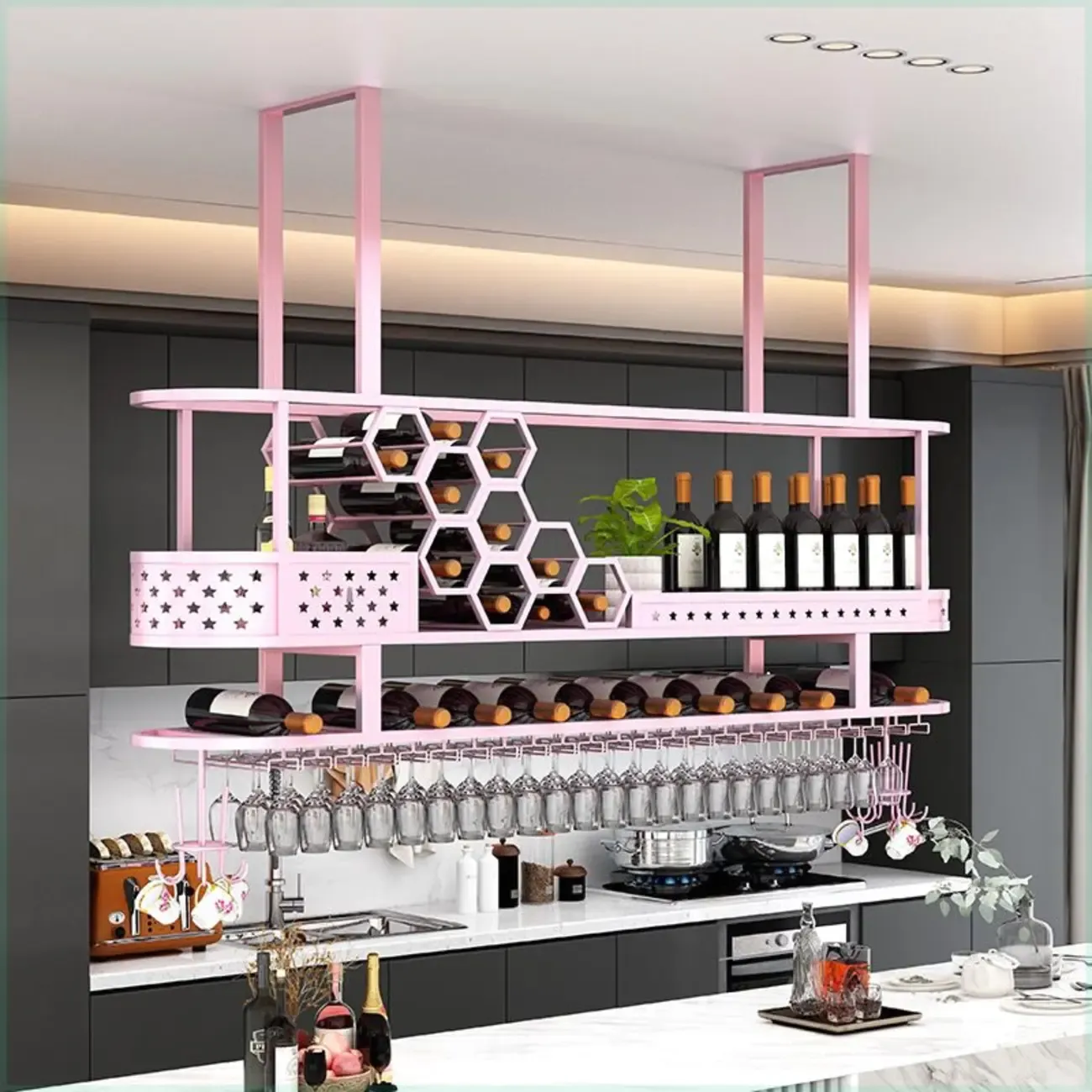 Metal Hanging Wine Rack with Glass Holder in Modern Glam Image - 8