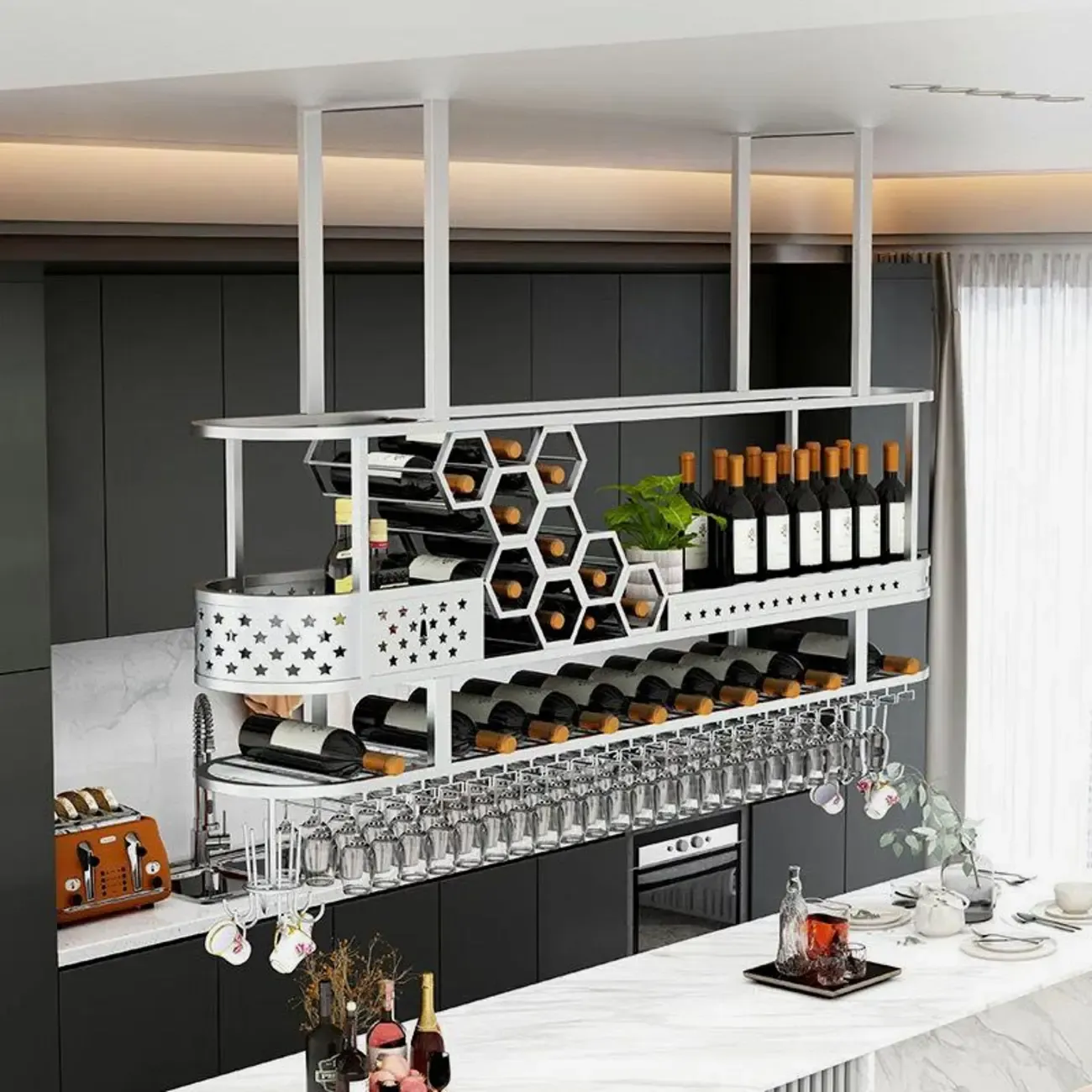 Metal Hanging Wine Rack with Glass Holder in Modern Glam Image - 9