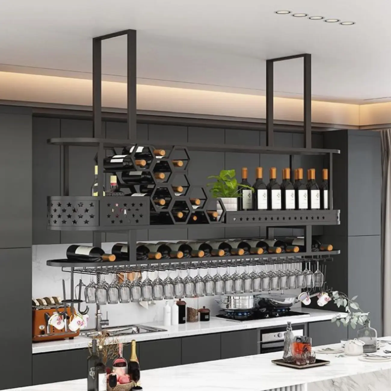 Metal Hanging Wine Rack with Glass Holder in Modern Glam Image - 10 | homeyfad