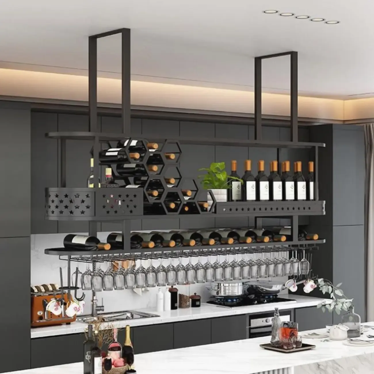 Metal Hanging Wine Rack with Glass Holder in Modern Glam Image - 10