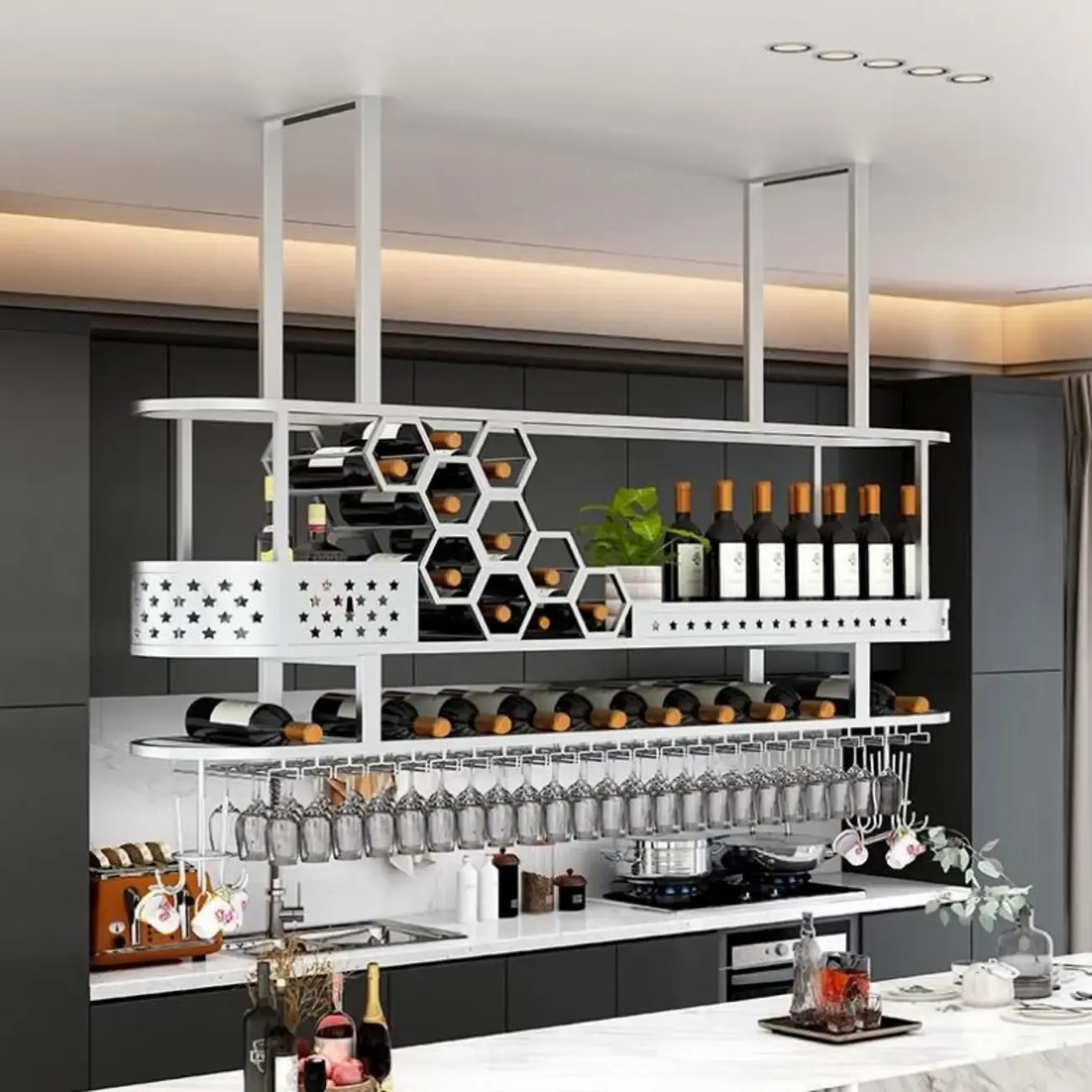 Metal Hanging Wine Rack with Glass Holder in Modern Glam Image - 11