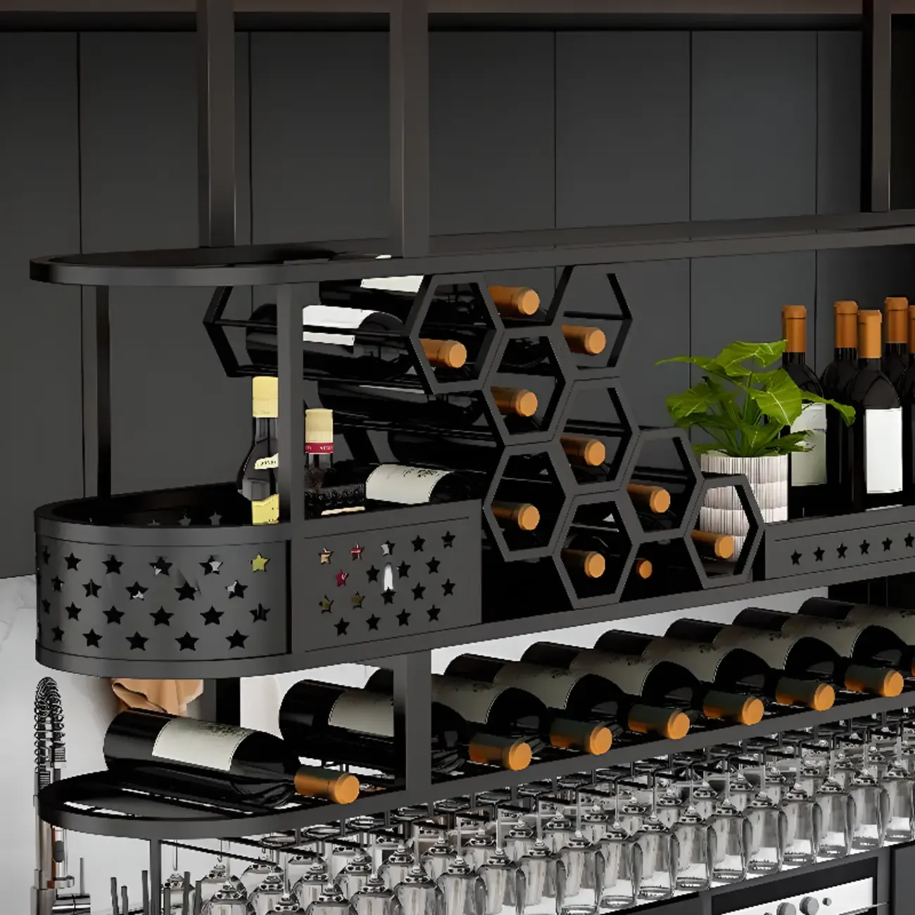 Metal Hanging Wine Rack with Glass Holder in Modern Glam Image - 12
