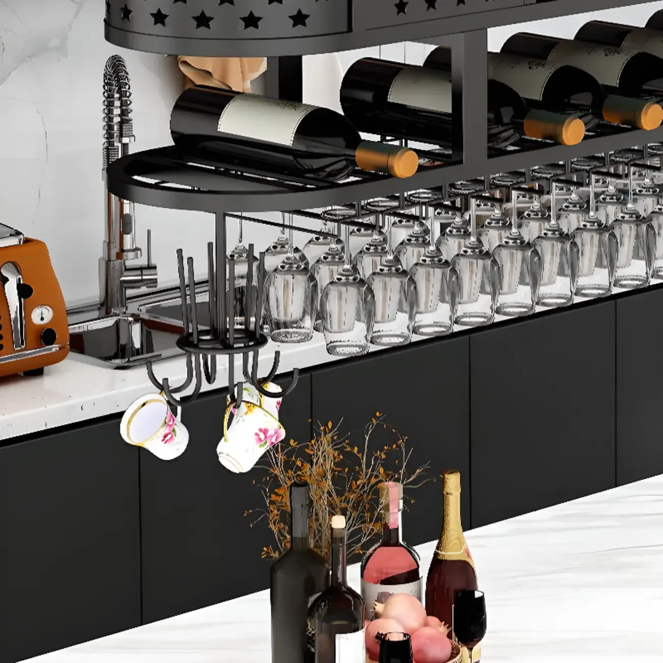 Metal Hanging Wine Rack with Glass Holder in Modern Glam Image - 13