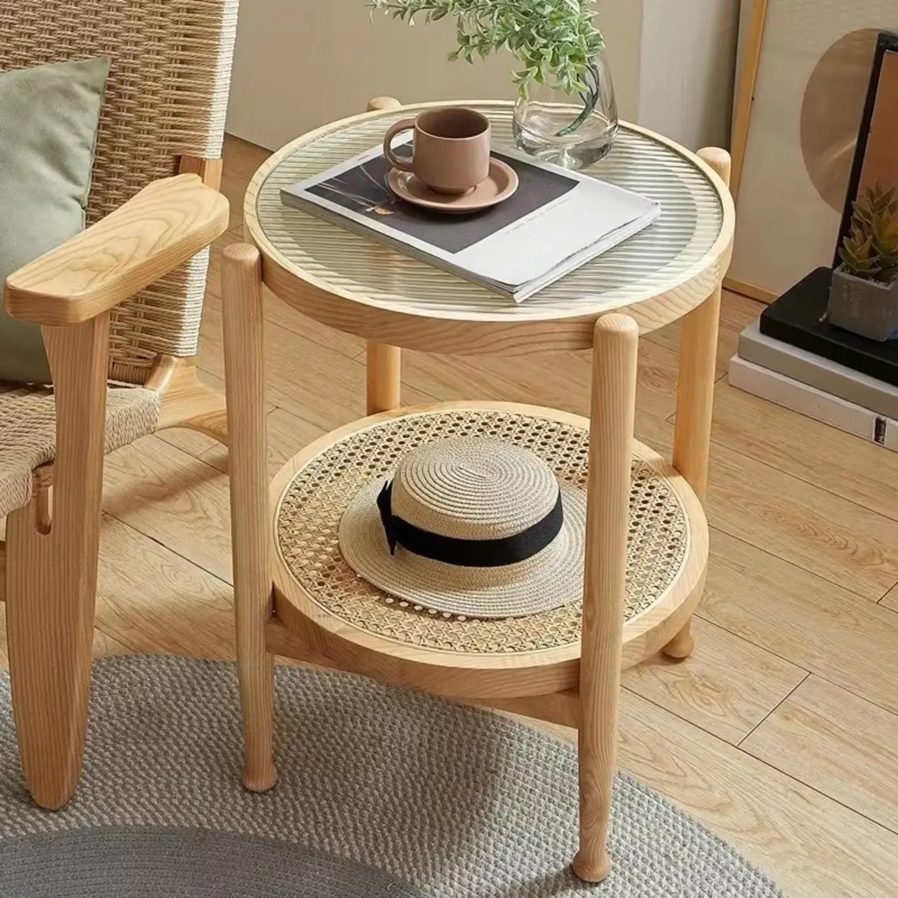 Round Natural Wood Side Table with Glass Top for Living Room Image - 1