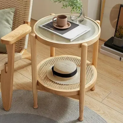 Round Natural Wood Side Table with Glass Top for Living Room Image - 1