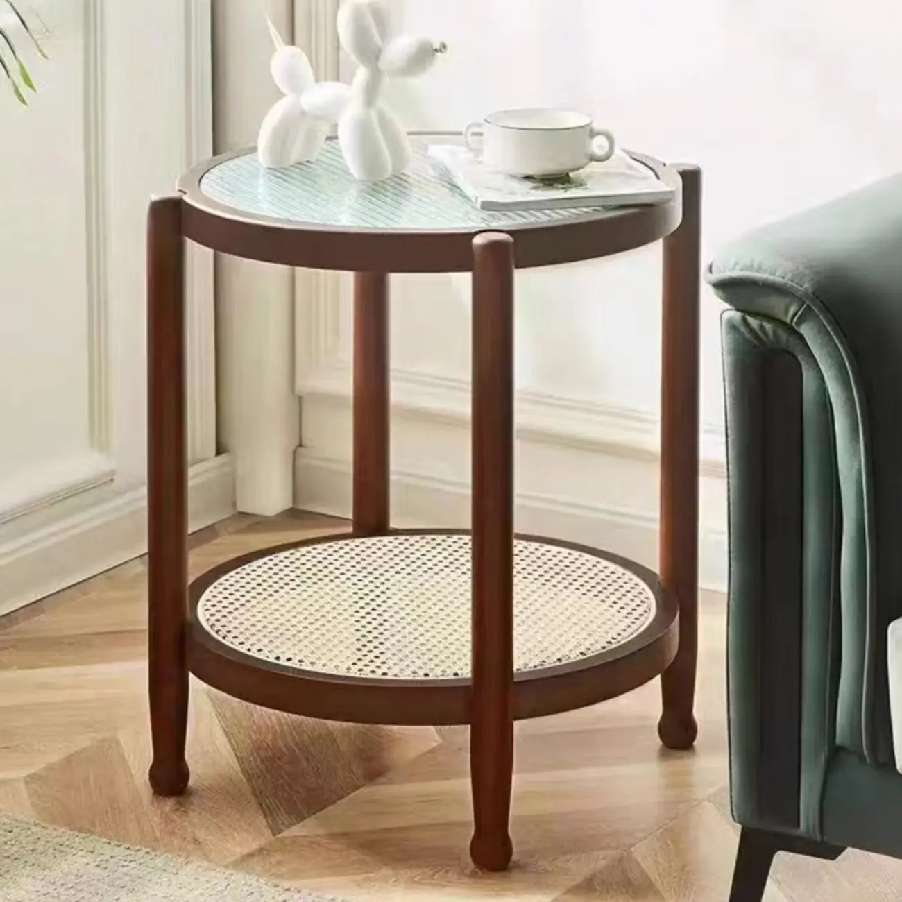 Round Natural Wood Side Table with Glass Top for Living Room Image - 2 | homeyfad