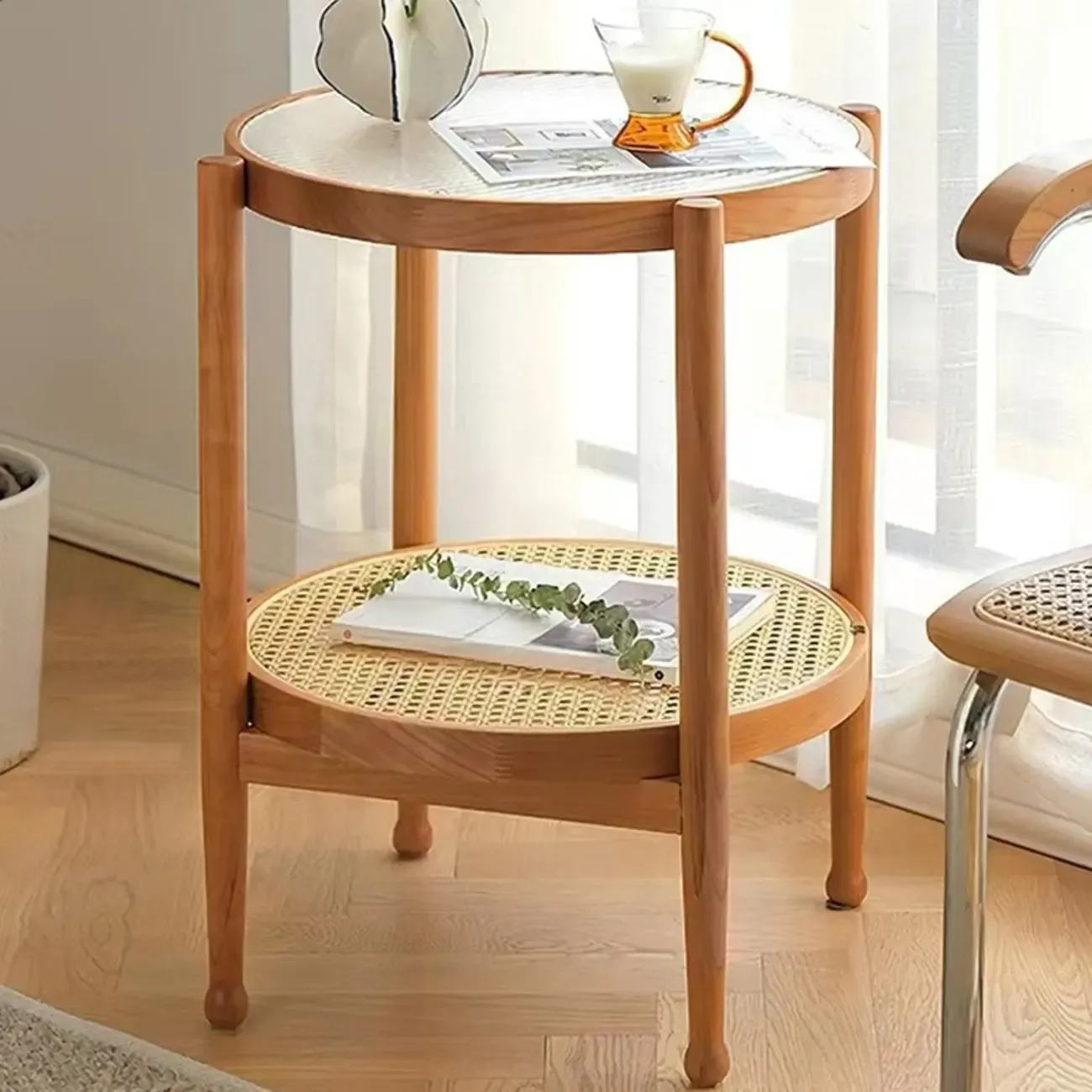 Round Natural Wood Side Table with Glass Top for Living Room Image - 4