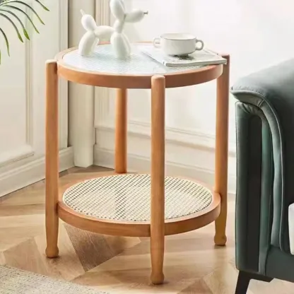 Round Natural Wood Side Table with Glass Top for Living Room Image - 5