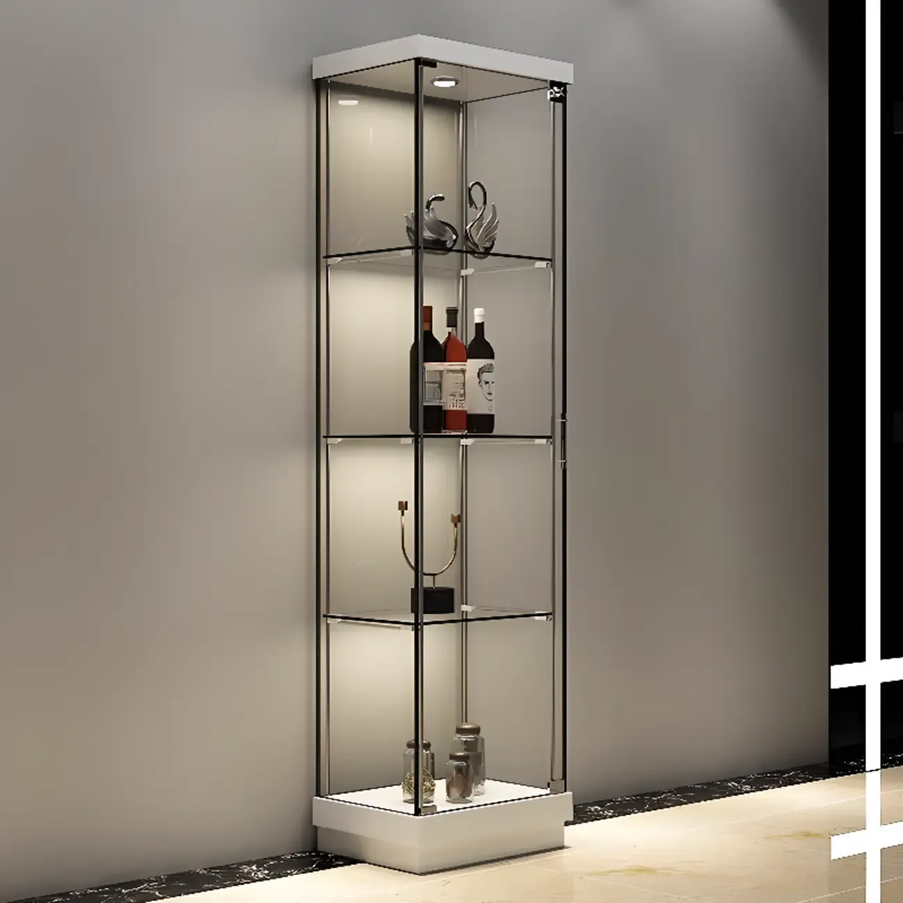 Modern White Wine Rack with Glass Cabinet Door Shelf Storage Image - 10