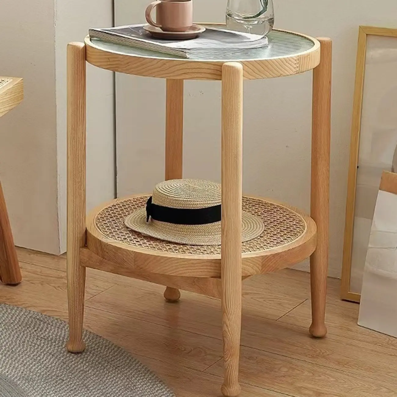 Round Natural Wood Side Table with Glass Top for Living Room Image - 6 | homeyfad