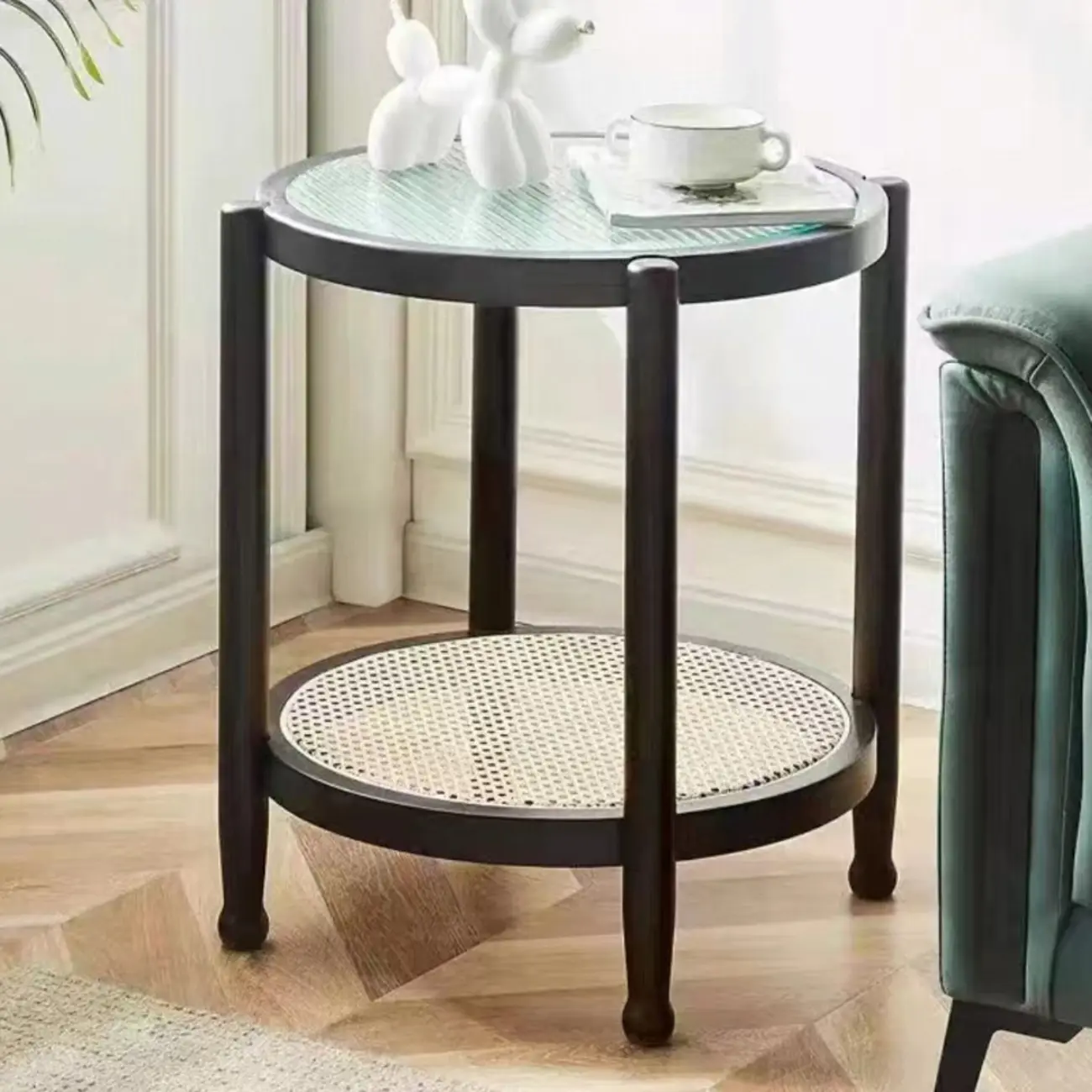 Round Natural Wood Side Table with Glass Top for Living Room Image - 7 | homeyfad