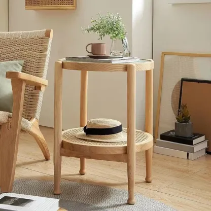 Round Natural Wood Side Table with Glass Top for Living Room Image - 8