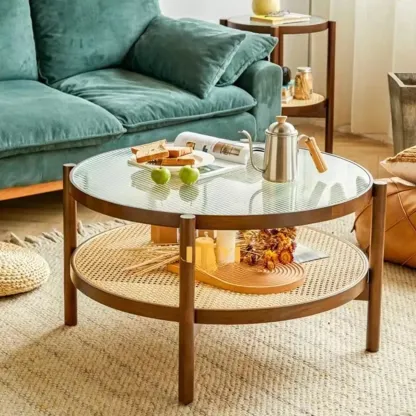 Round Natural Wood Side Table with Glass Top for Living Room Image - 9