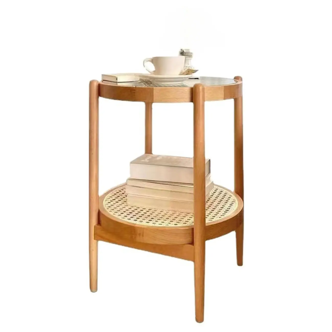 Round Natural Wood Side Table with Glass Top for Living Room Image - 10 | homeyfad