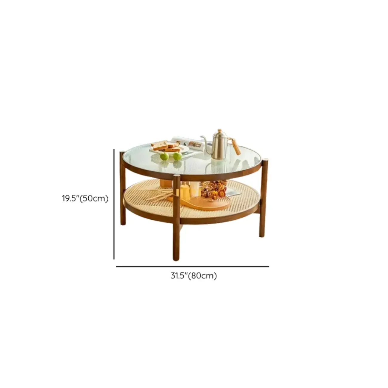 Round Natural Wood Side Table with Glass Top for Living Room Image - 15