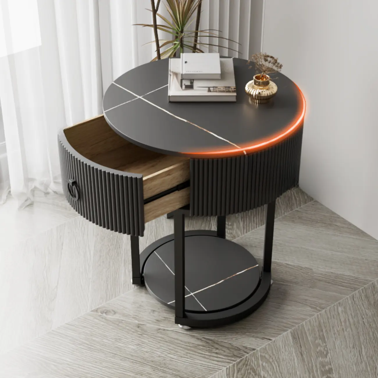 Modern Round Marble End Table with Storage and Metal Legs Image - 2 | homeyfad