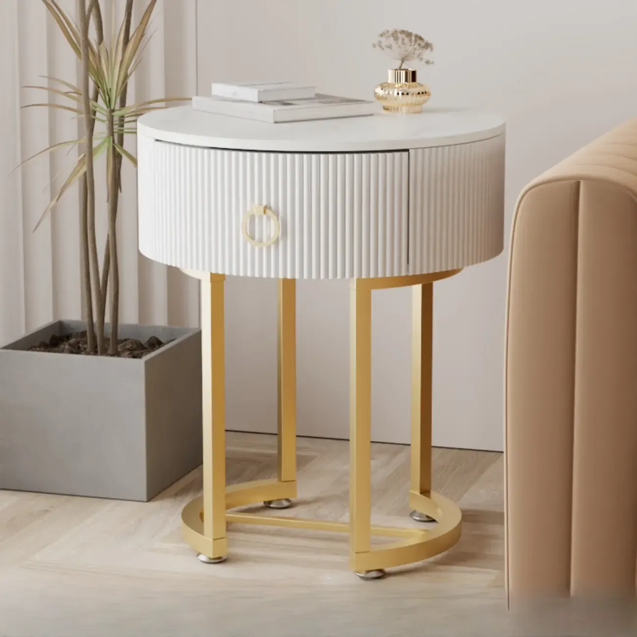 Modern Round Marble End Table with Storage and Metal Legs Image - 3
