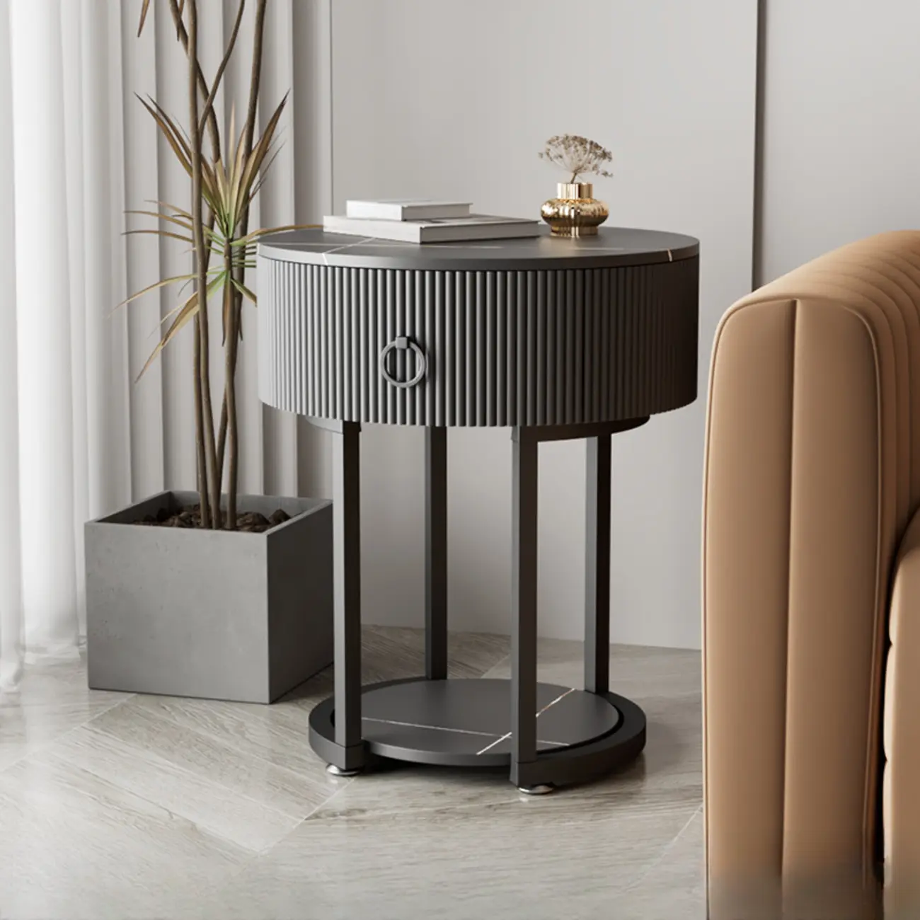 Modern Round Marble End Table with Storage and Metal Legs Image - 4 | homeyfad