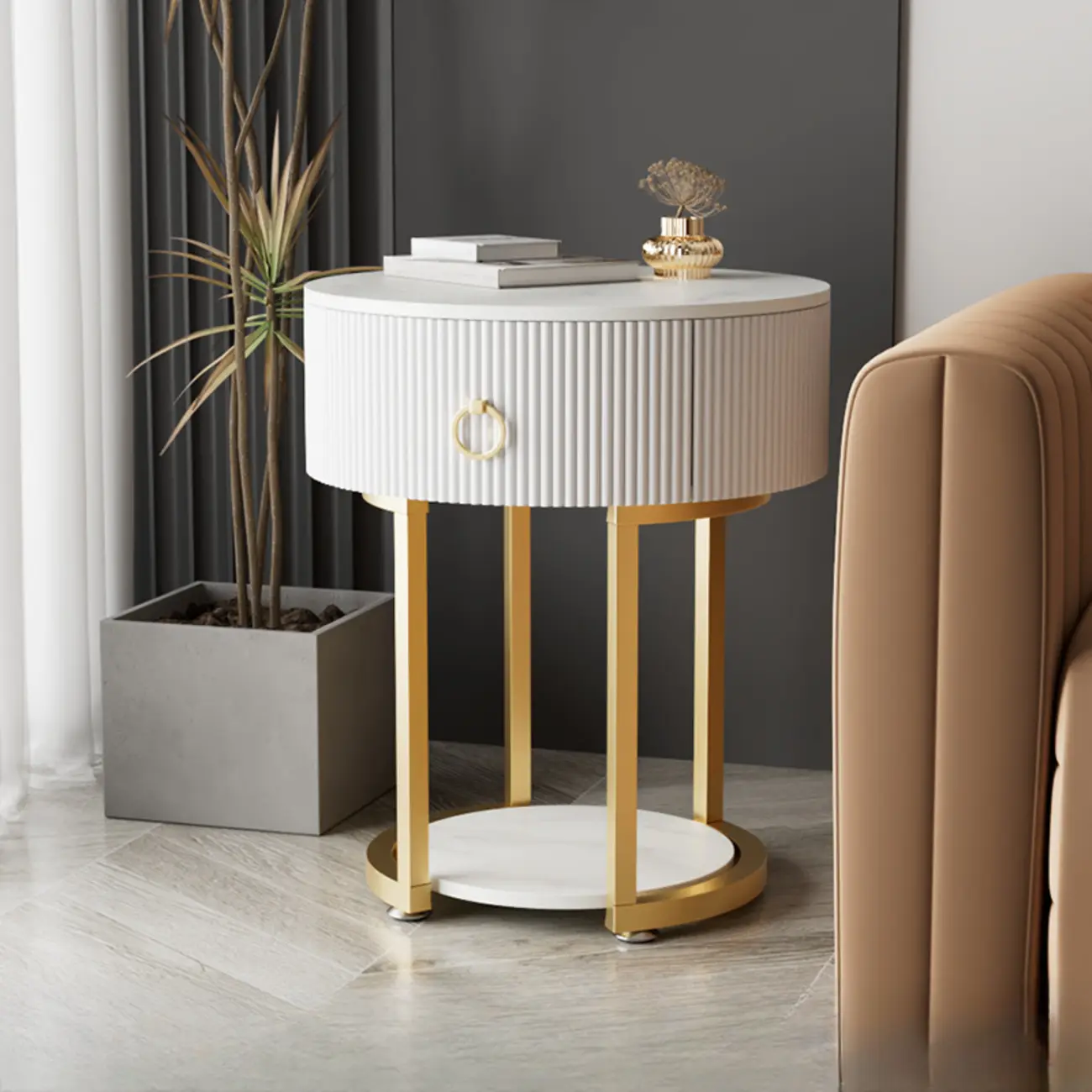 Modern Round Marble End Table with Storage and Metal Legs Image - 5 | homeyfad