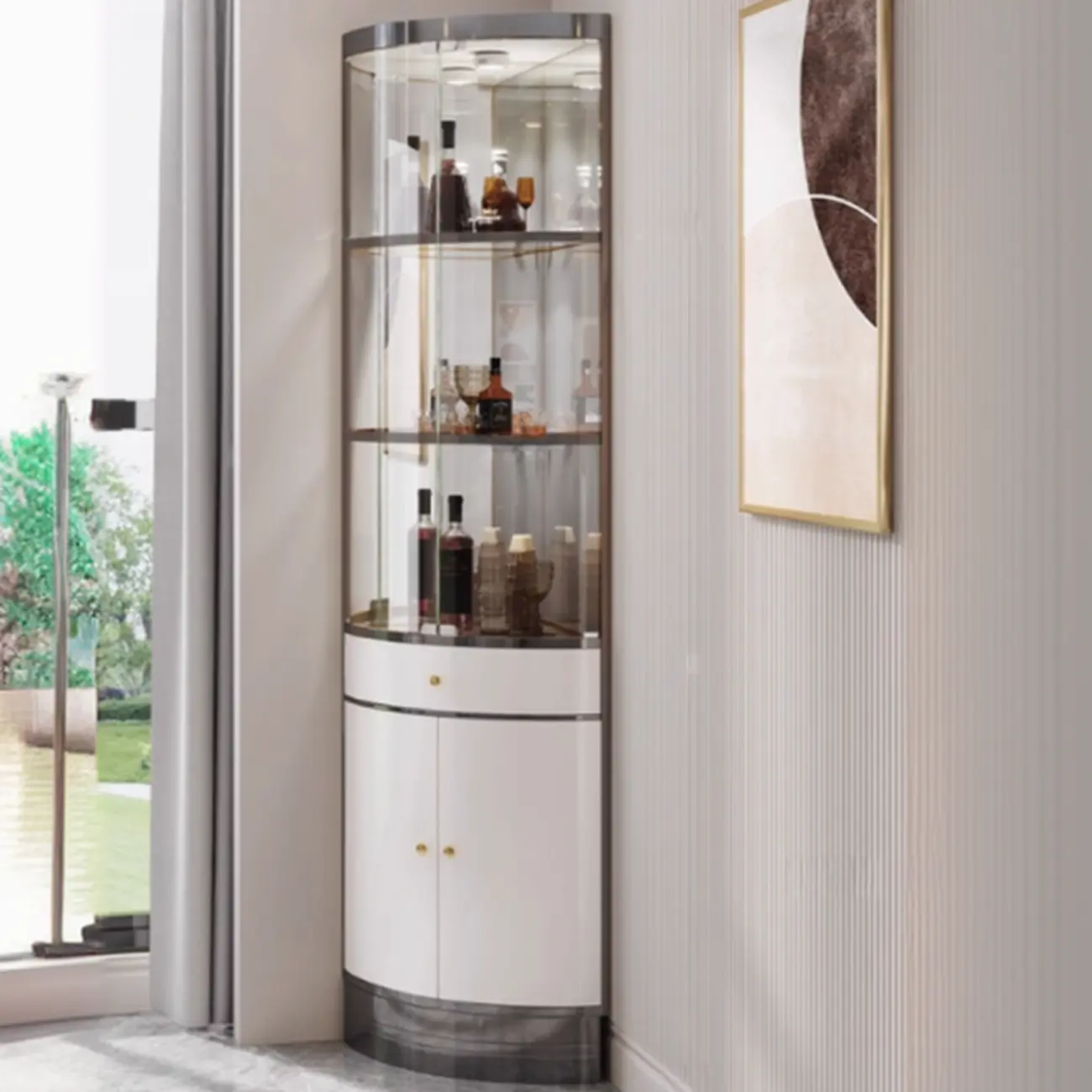 Glam Glass and Metal  Shelf Storage Corner Wine Cabinet Image - 4 | homeyfad