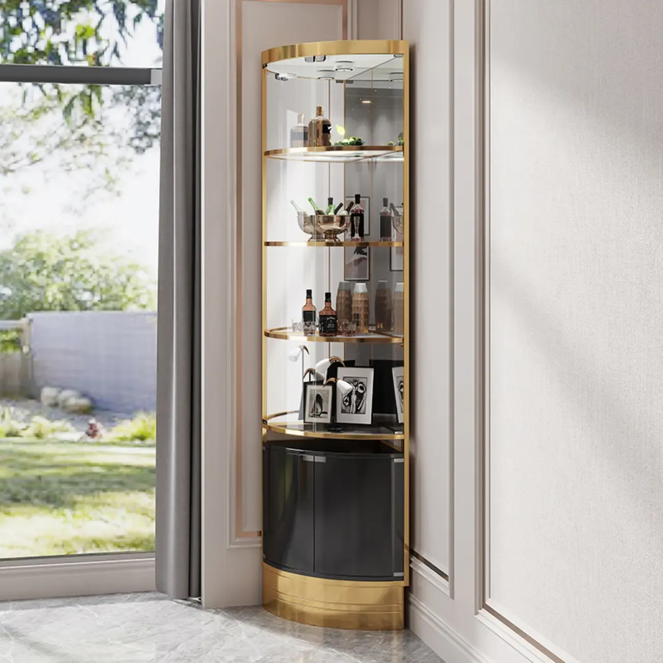 Glam Glass and Metal  Shelf Storage Corner Wine Cabinet Image - 3