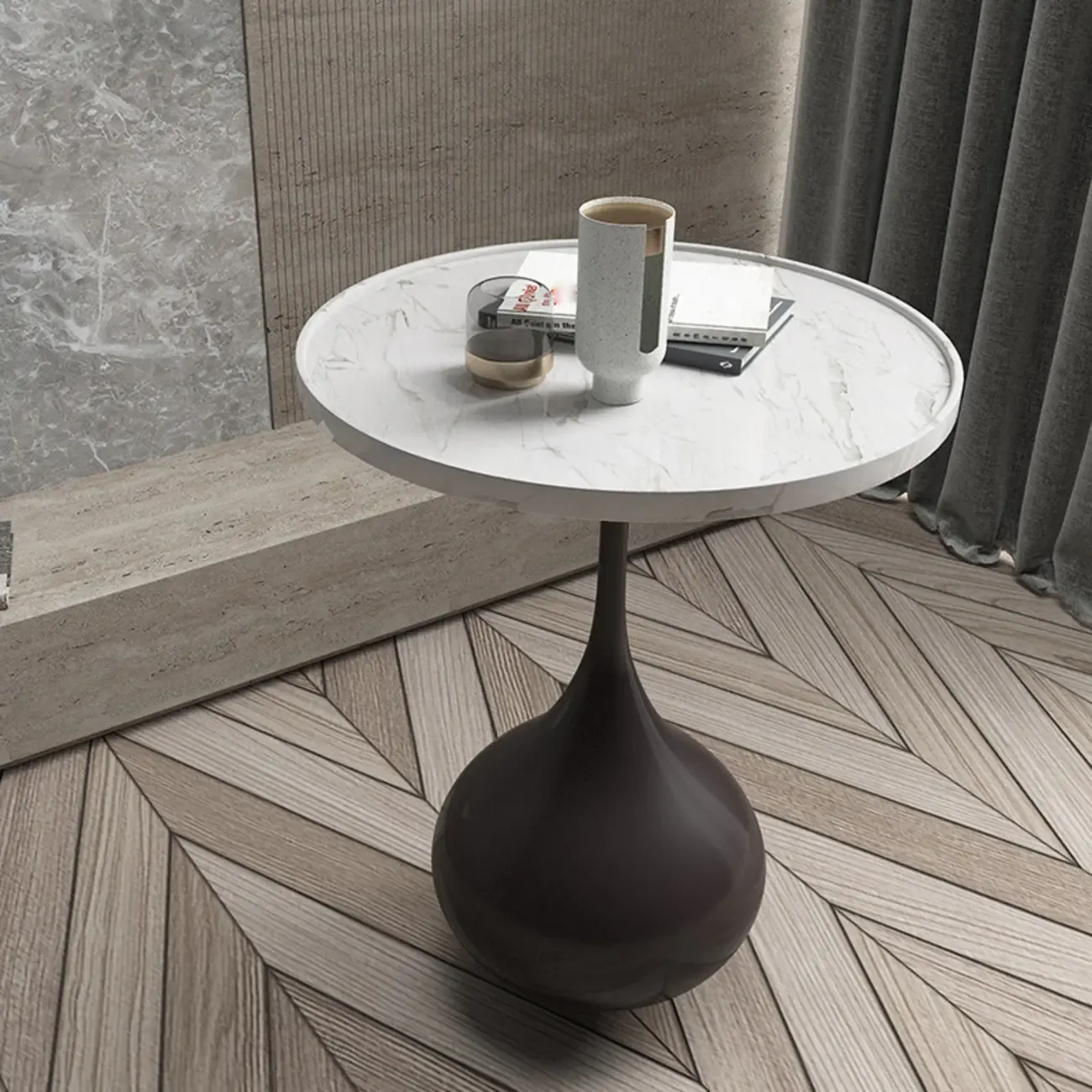 Metal Pedestal Round Wood End Table for Living Room Image - 2