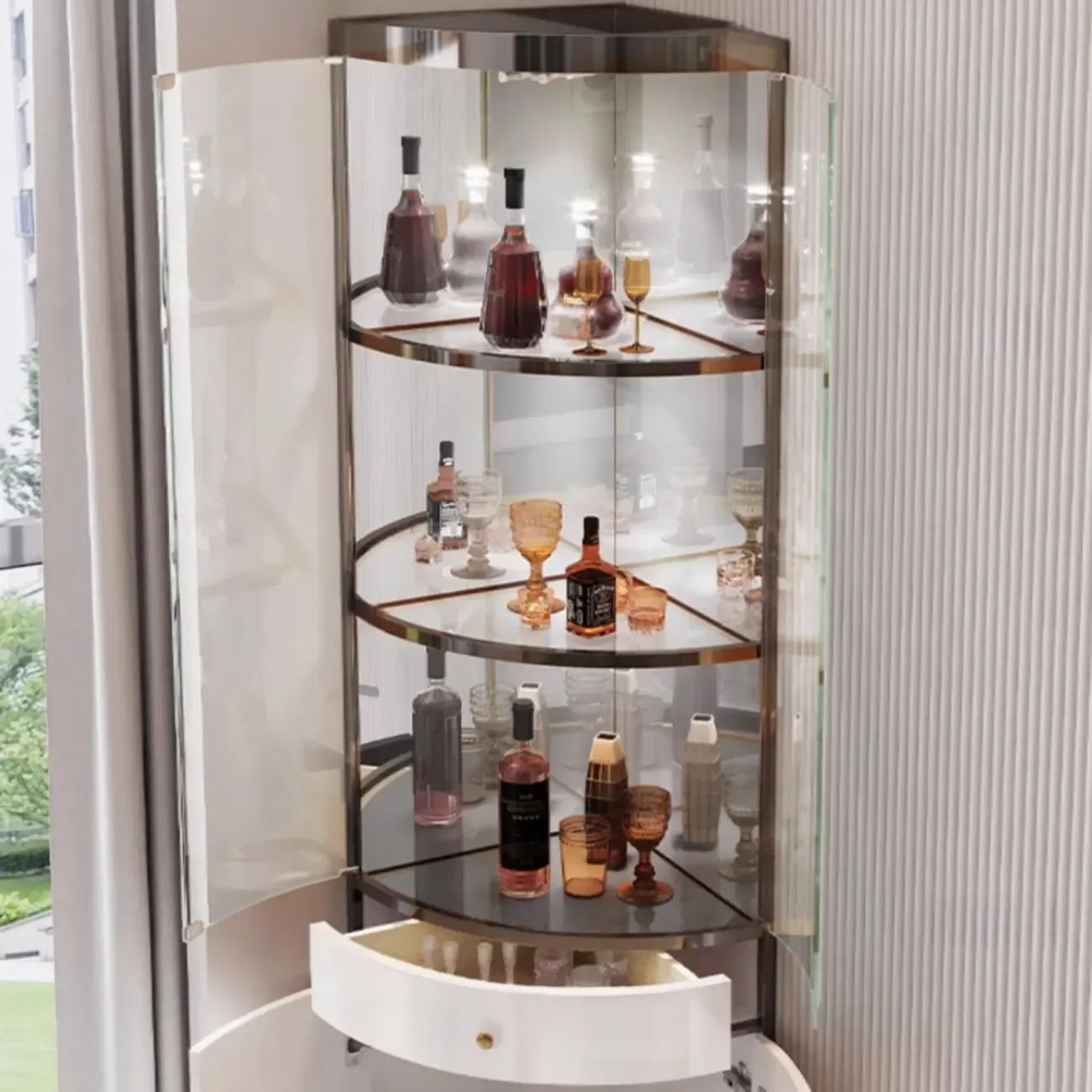 Glam Glass and Metal  Shelf Storage Corner Wine Cabinet Image - 12