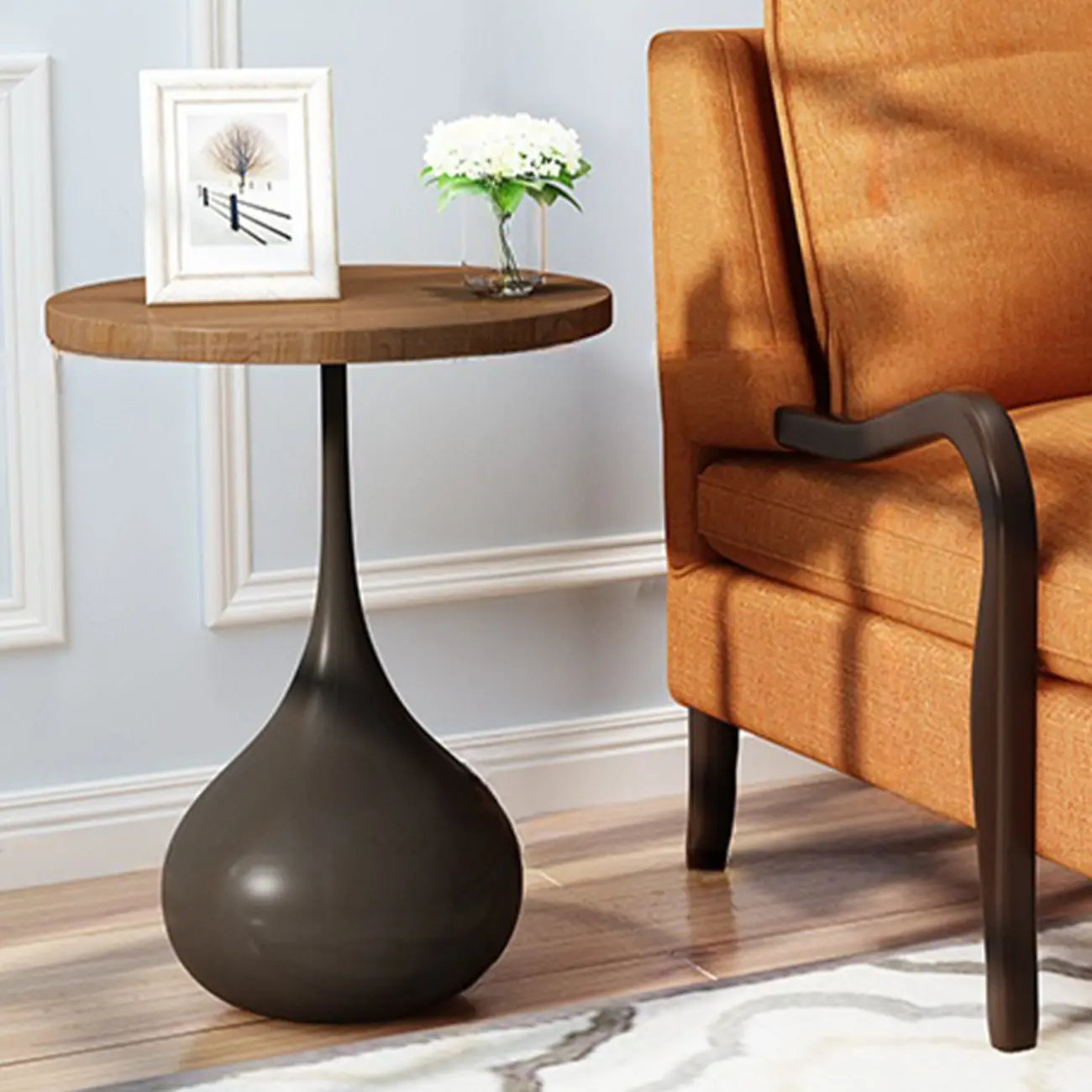 Metal Pedestal Round Wood End Table for Living Room Image - 6 | homeyfad