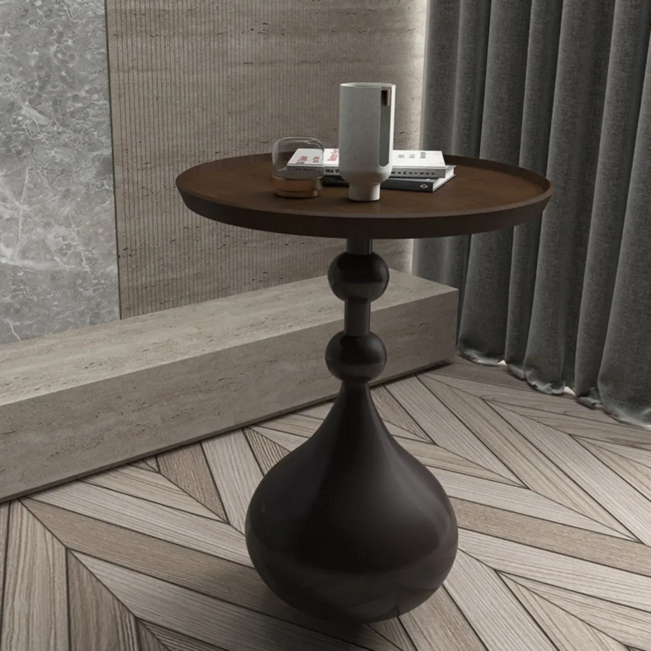 Metal Pedestal Round Wood End Table for Living Room Image - 7