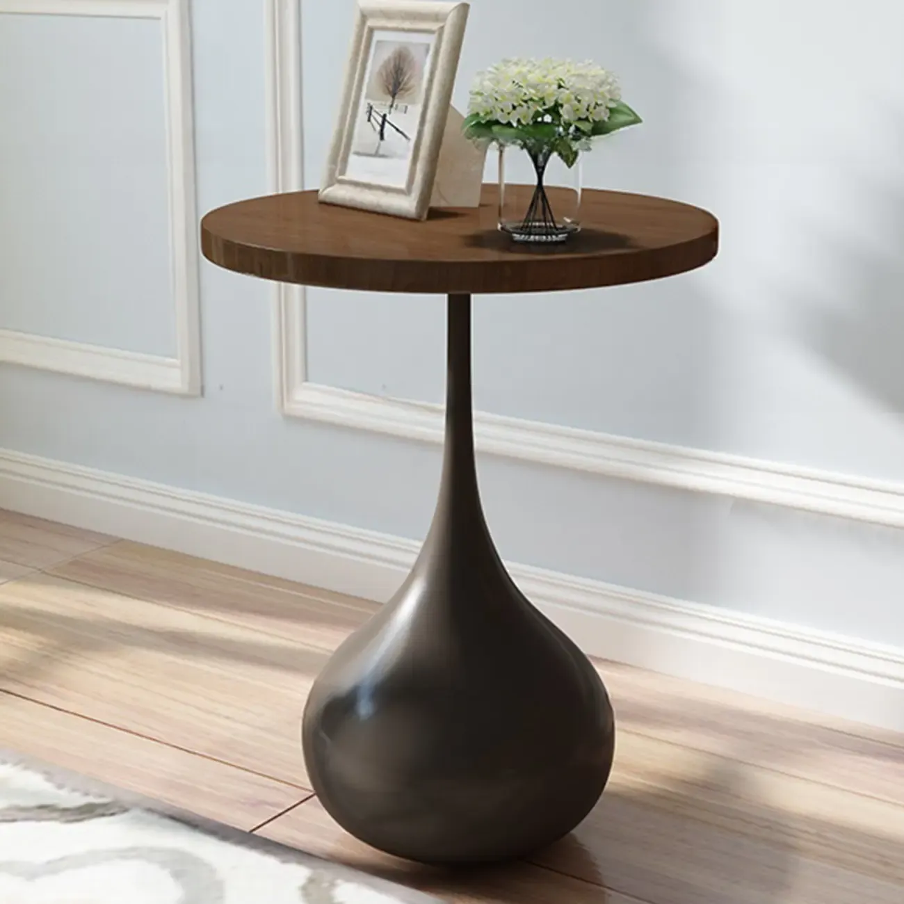 Metal Pedestal Round Wood End Table for Living Room Image - 8