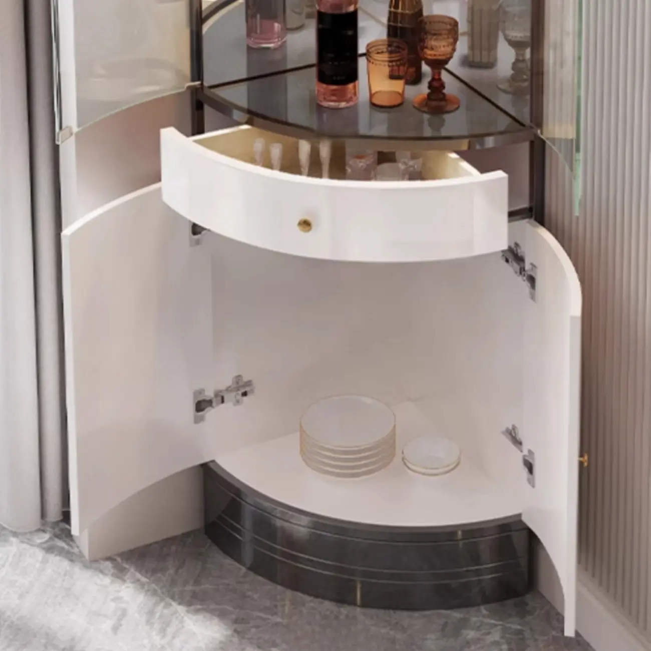 Glam Glass and Metal  Shelf Storage Corner Wine Cabinet Image - 18 | homeyfad