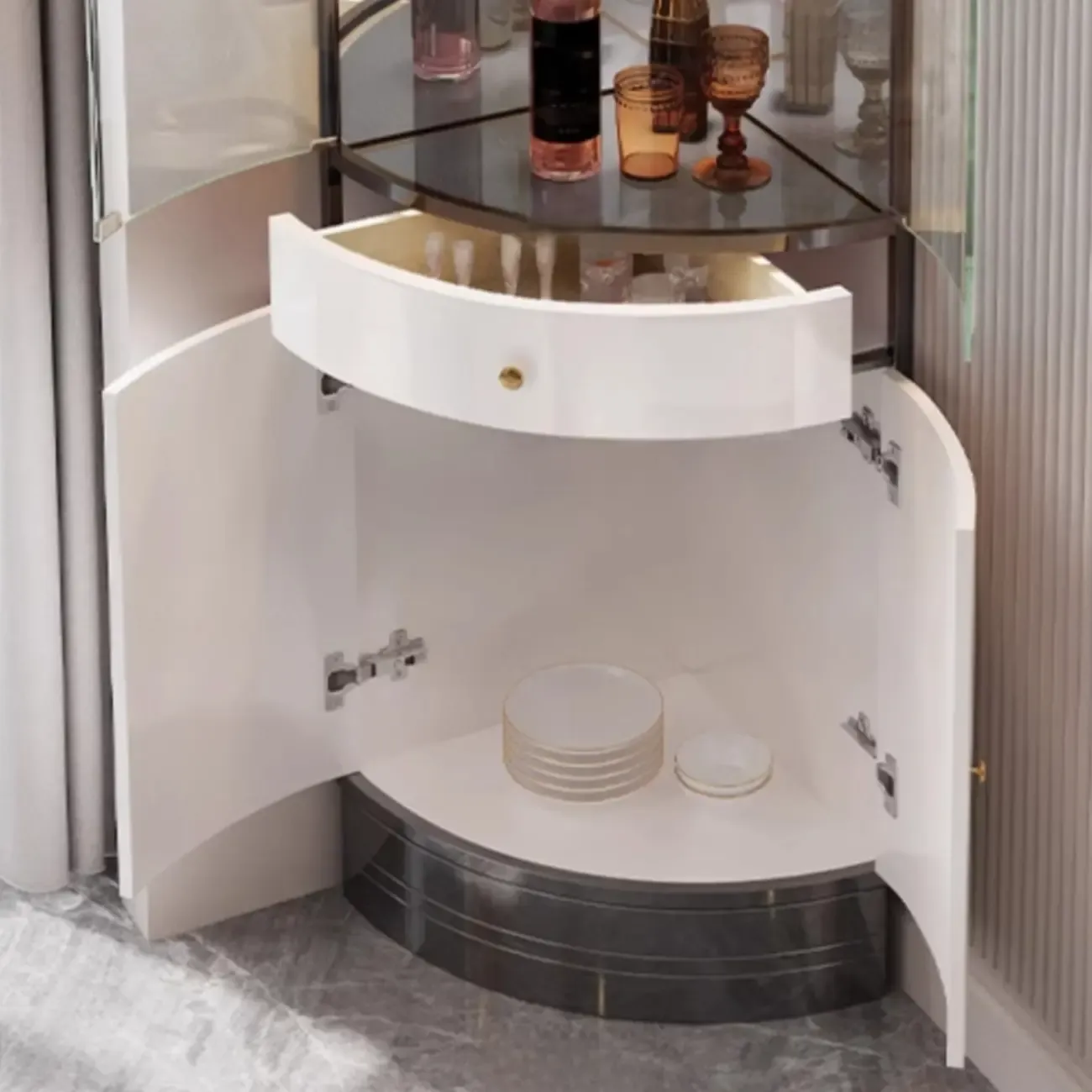 Glam Glass and Metal  Shelf Storage Corner Wine Cabinet Image - 18