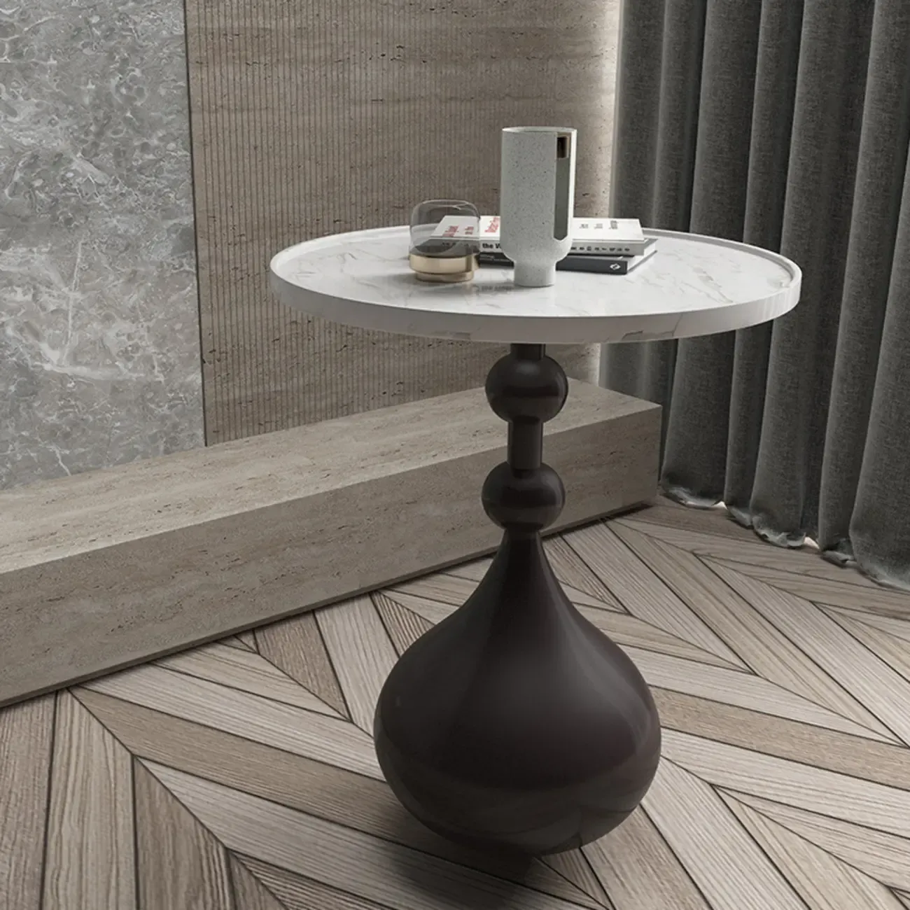 Metal Pedestal Round Wood End Table for Living Room Image - 11