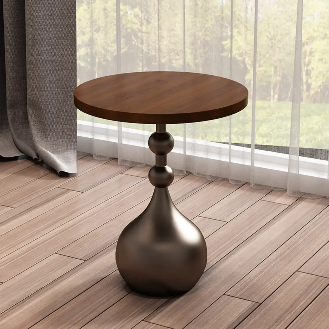 Metal Pedestal Round Wood End Table for Living Room Image - 13