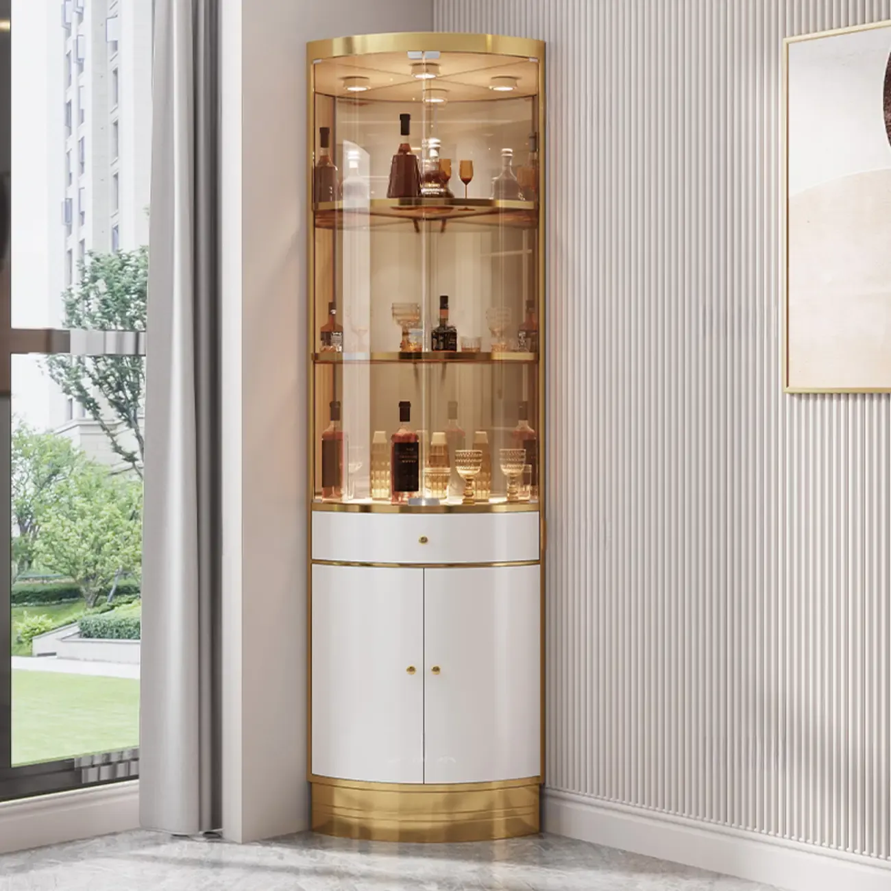 Glam Glass and Metal  Shelf Storage Corner Wine Cabinet Image - 5