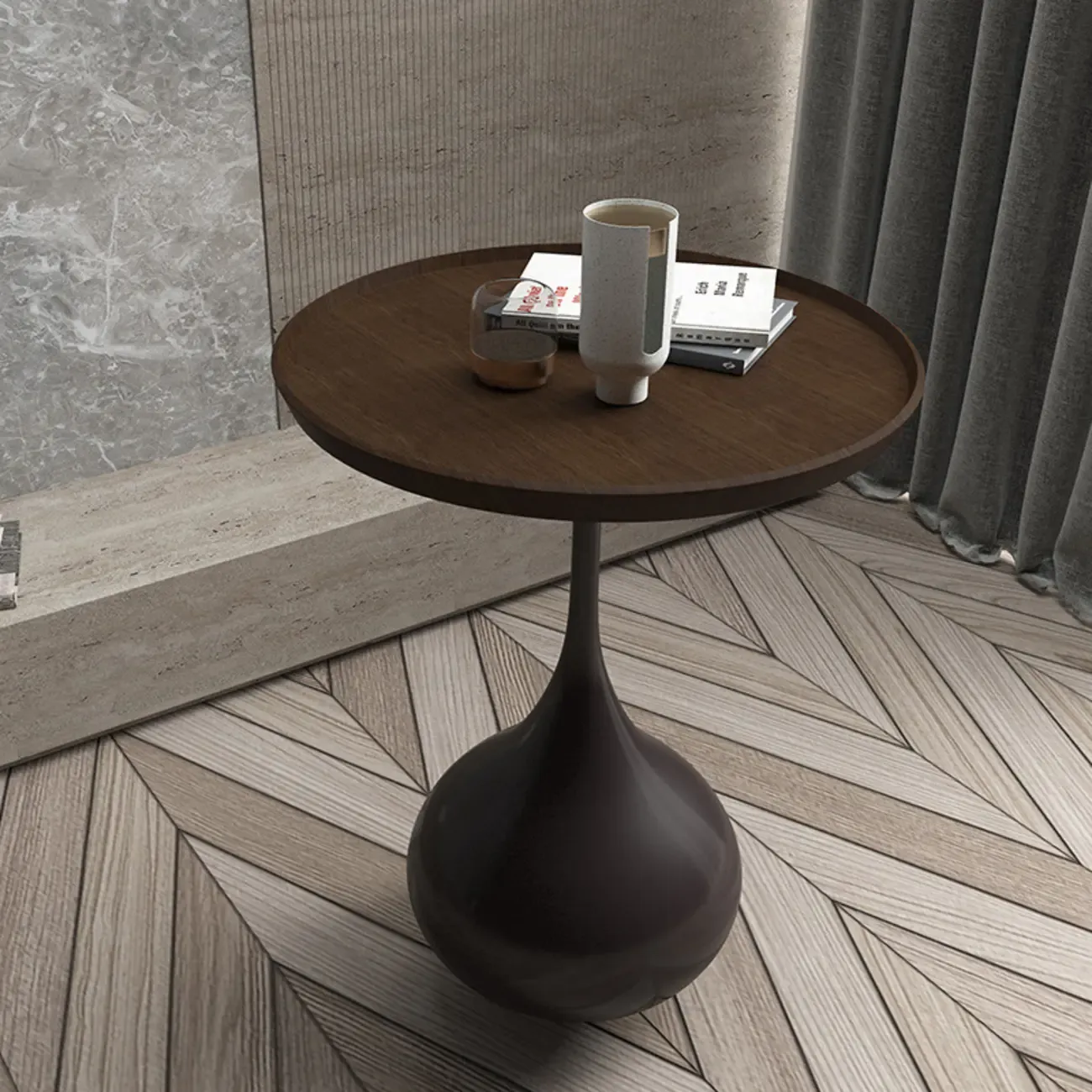 Metal Pedestal Round Wood End Table for Living Room Image - 17