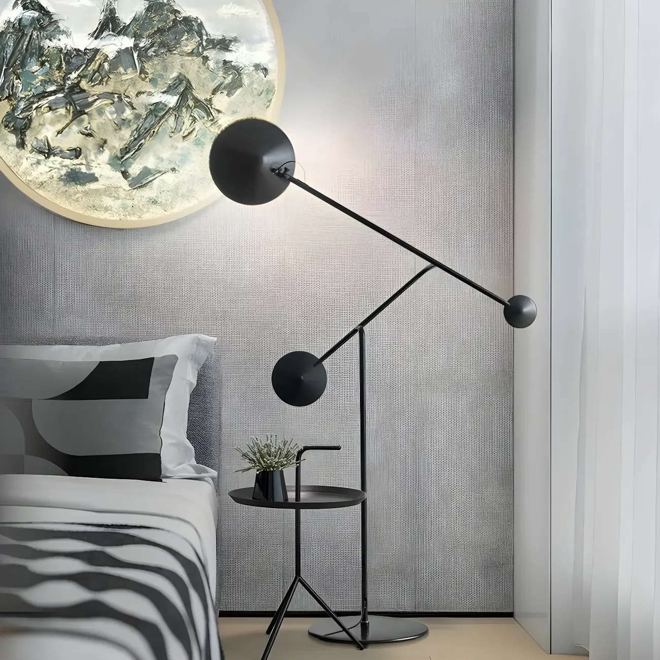 Unique LED Black Floor Lamp with Balance Arm for Living Room Image - 3
