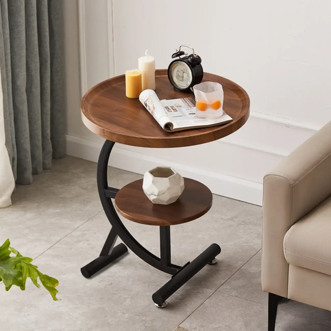 2-Tier C-Shaped Brown Wooden End Table with Storage Image - 1