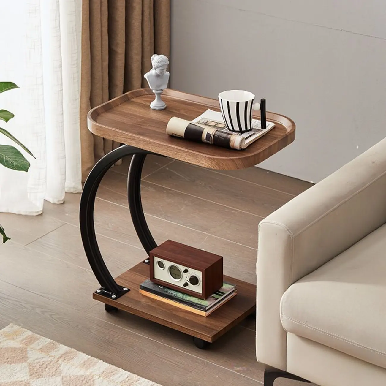 2-Tier C-Shaped Brown Wooden End Table with Storage Image - 2 | homeyfad