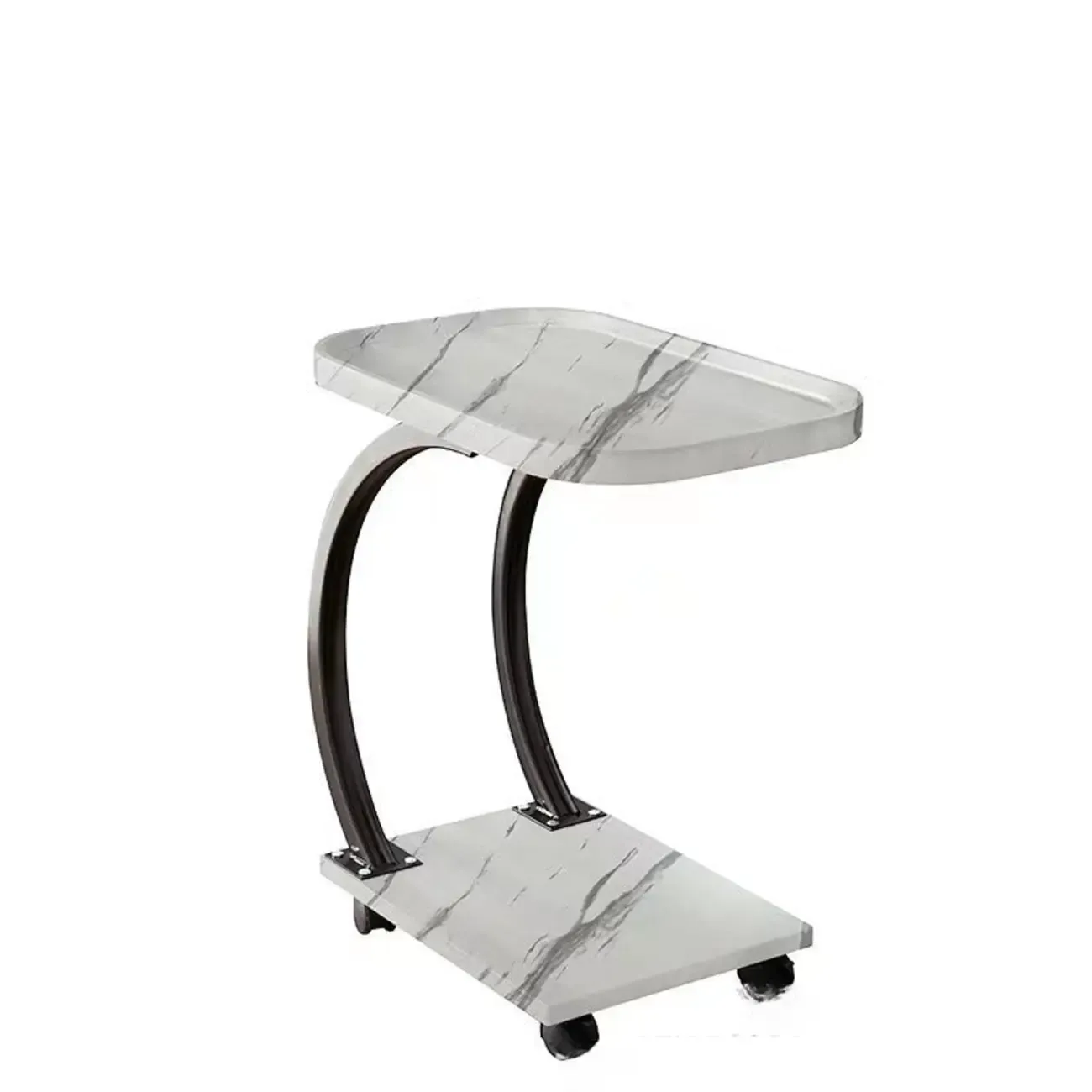 2-Tier C-Shaped Brown Wooden End Table with Storage Image - 14