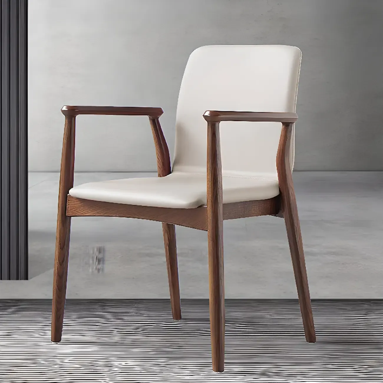 Modern Off-White Faux Leather Wooden Arm Dining Chair Image - 1