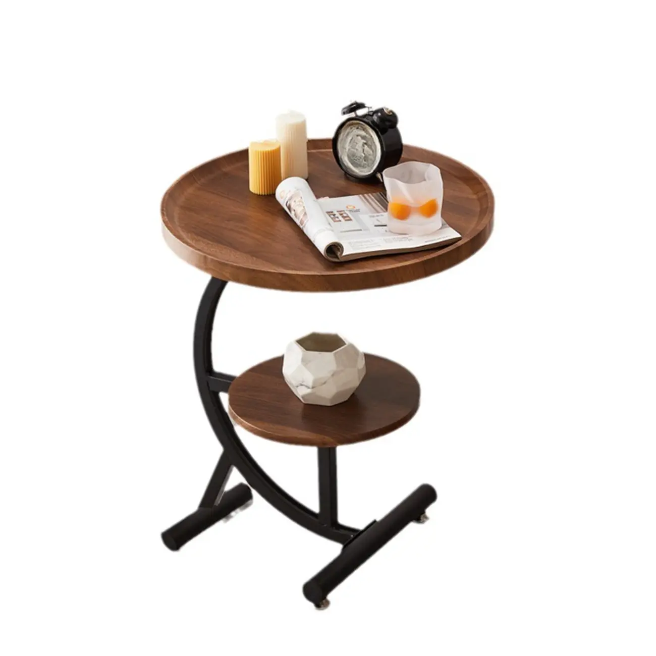 2-Tier C-Shaped Brown Wooden End Table with Storage Image - 16 | homeyfad