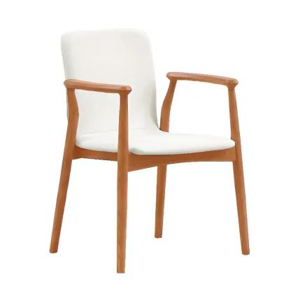 Modern Off-White Faux Leather Wooden Arm Dining Chair Image - 3