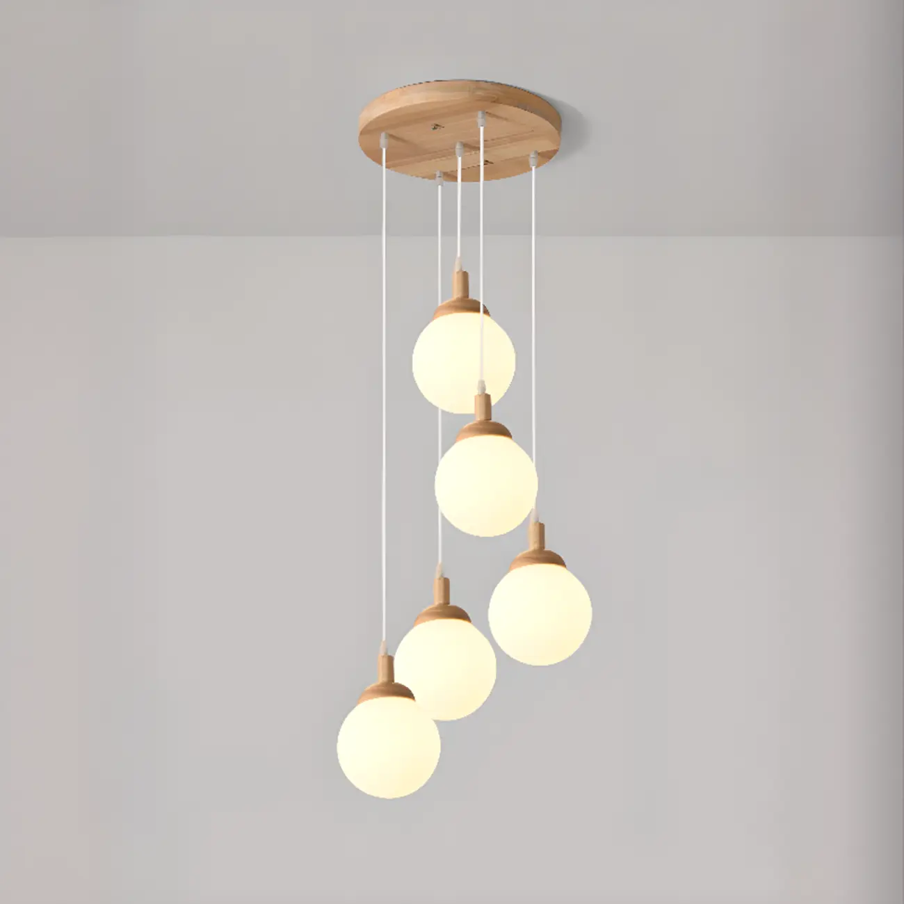 Modern Pendant Glass Globe Light in White with Wood Base Image - 2 | homeyfad