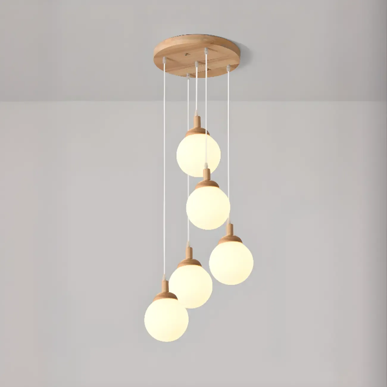 Modern Pendant Glass Globe Light in White with Wood Base Image - 2