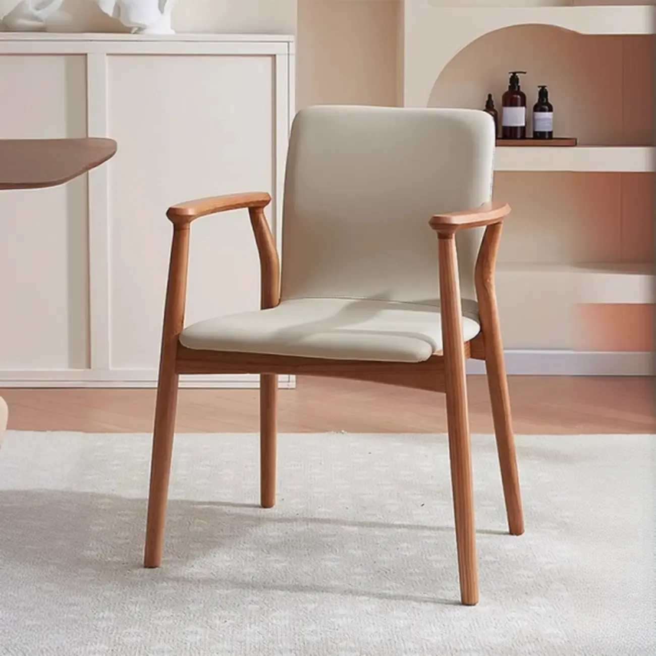 Modern Off-White Faux Leather Wooden Arm Dining Chair Image - 4